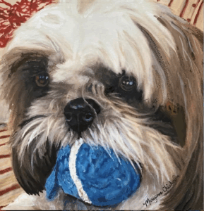 Portrait of a Shitzu with his yarn ball by Maryanne Chisholm